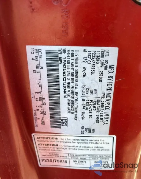 2000 Ford Explorer Xls из США, поврежденный, VIN 1FMZU62X2YZB34018